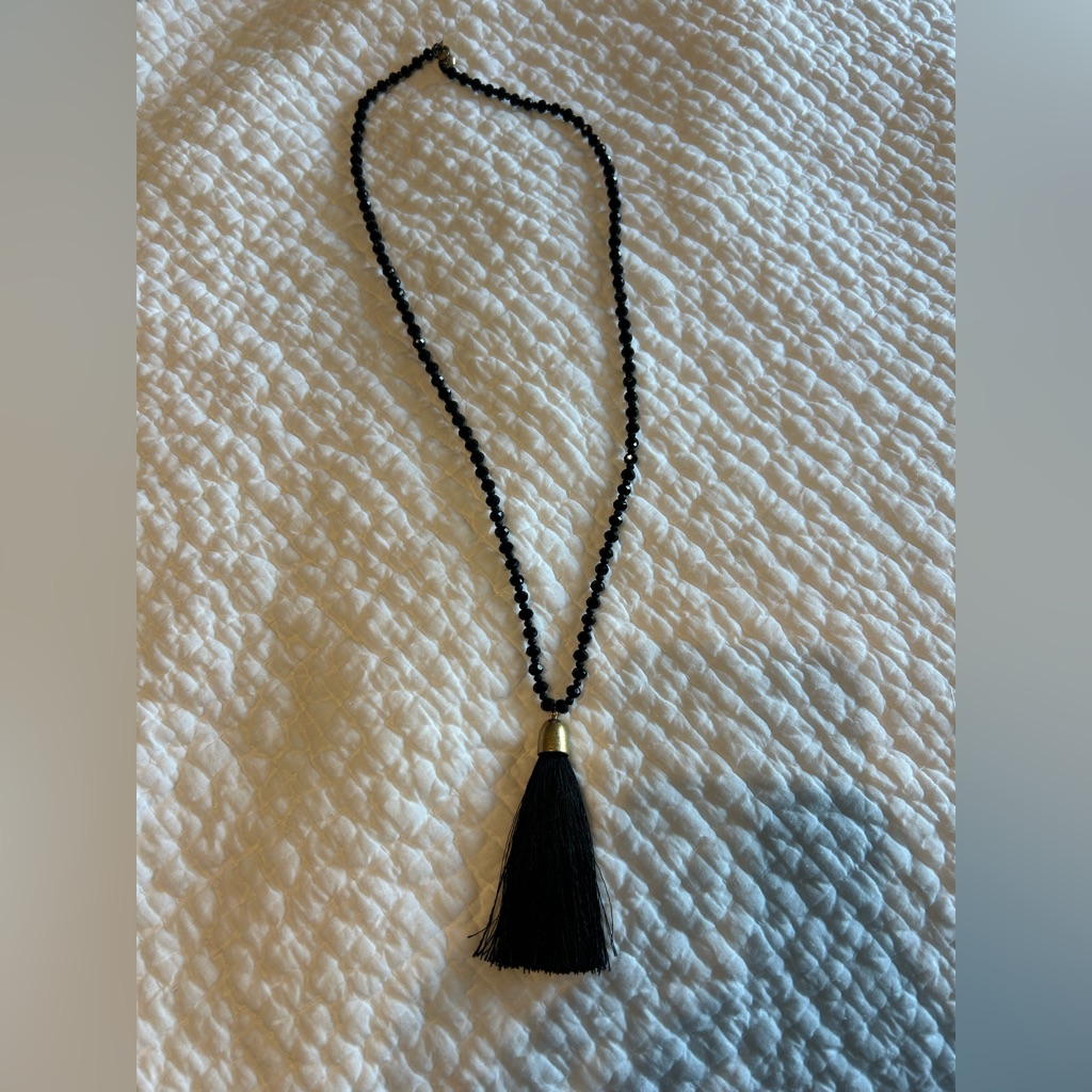 Black Beaded Gold Tassel Necklace- Drops 18 Long Down Chest